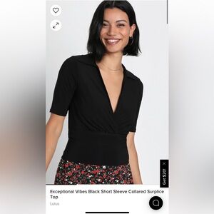 NWT Lulus Exceptional Vibes Black Short Sleeve Collared Surplice Top